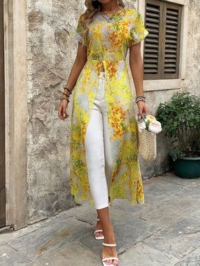 Yellow Floral Women's Maxi Split Front Blouse